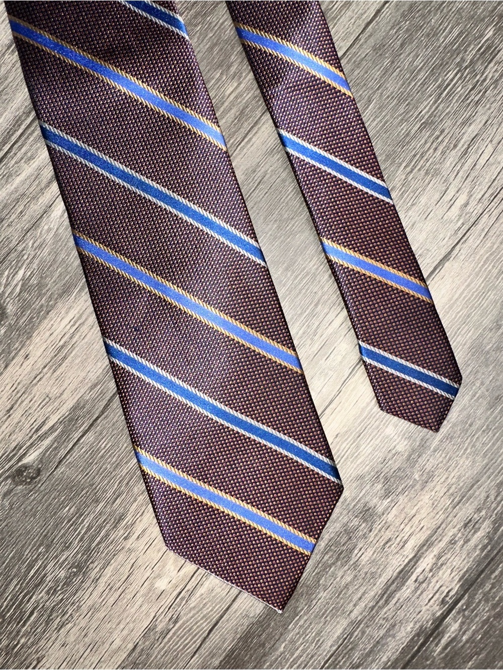 Bruno Piattelli Italy Silk Necktie Brown Blue Gold Diagonal Stripe Hand Made